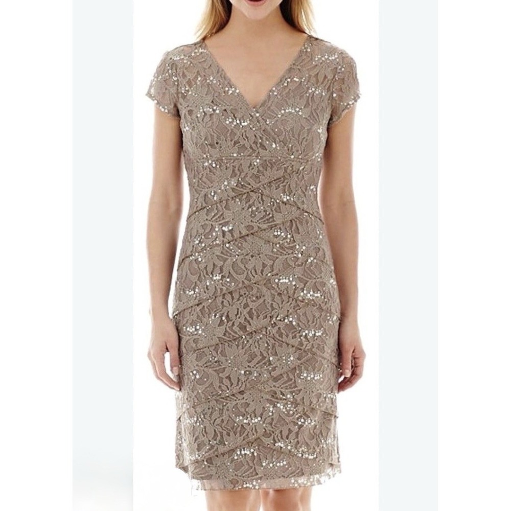 NWT Scarlett Nite Woman 20W Taupe Lace Overlay Sequin Dress Special Occasion